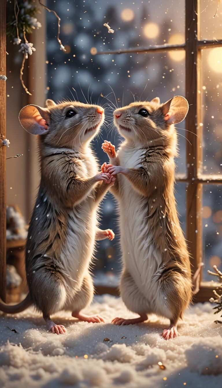 Two cute mice engaged in a High-five expressions full of mis...