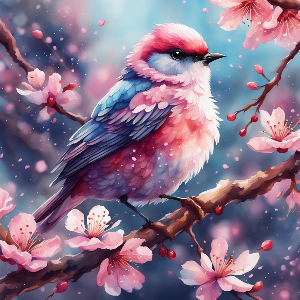 A watercolor painting of an adorable cherry blossom bird  by @Anja Sh