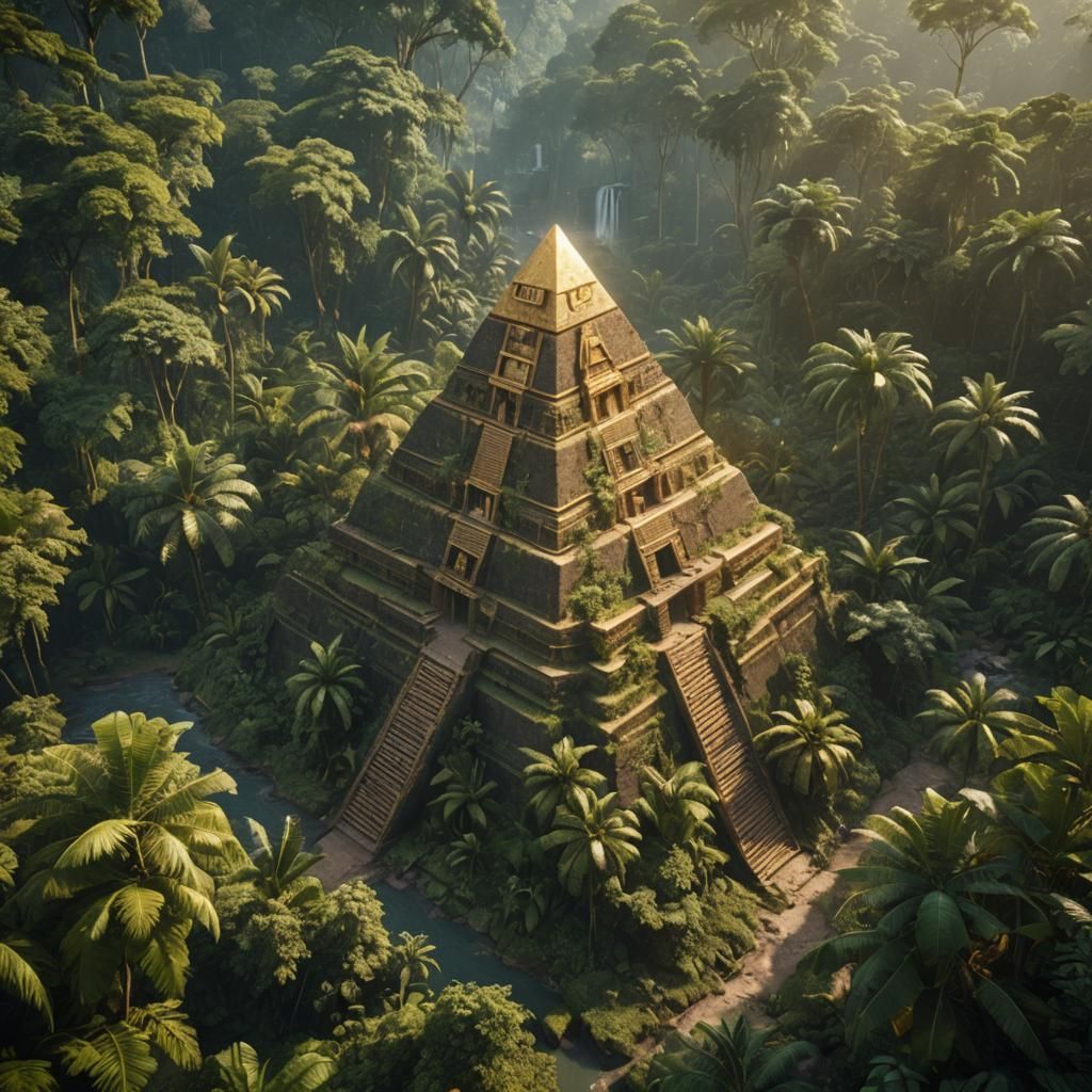 Golden pyramid in Central American jungle