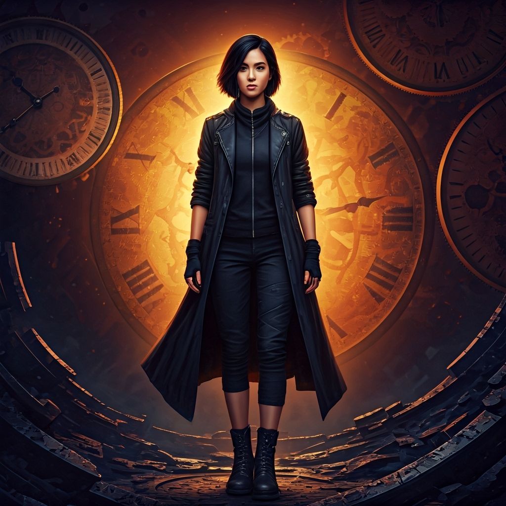 Thai Woman Amidst Giant Clocks, Otherworldly Matte Painting