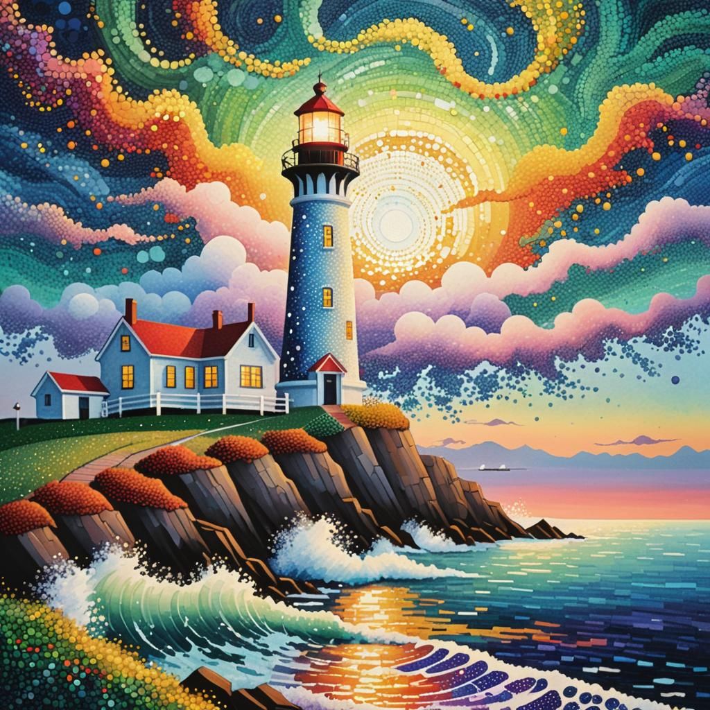 Pointillist Lighthouse Painting at Dusk
