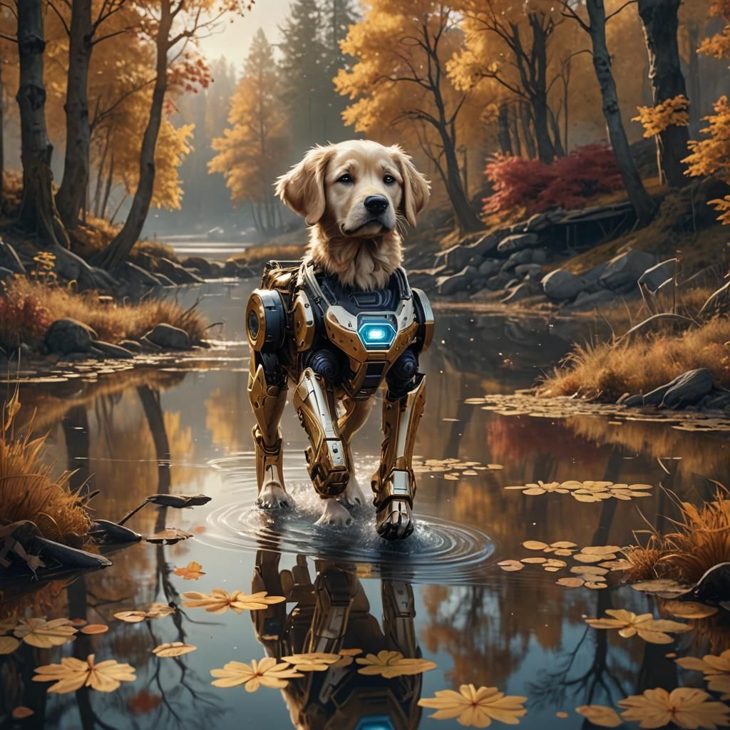 a cute puppy cyborg golden retreiver walking out of a small ...