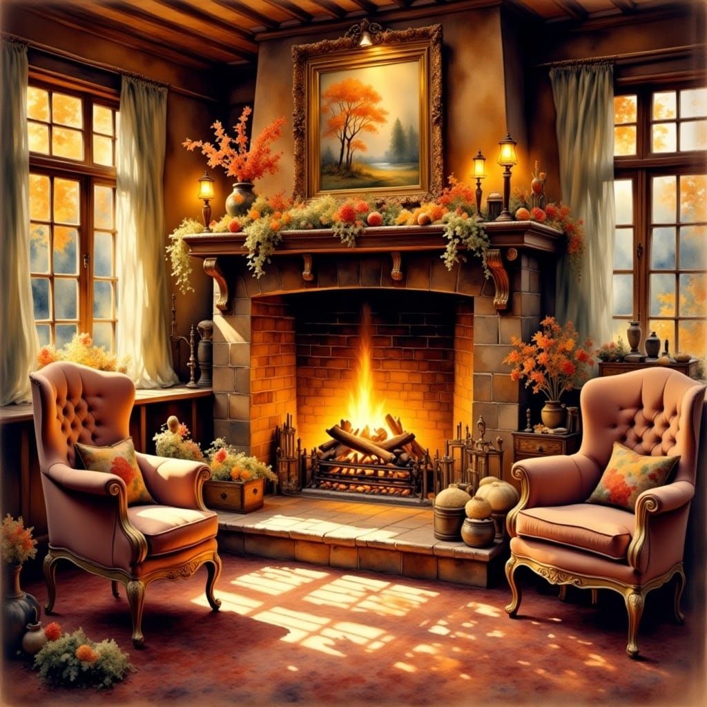  <lora:Impressionnism:1.0> cozy fireplace in autumn 