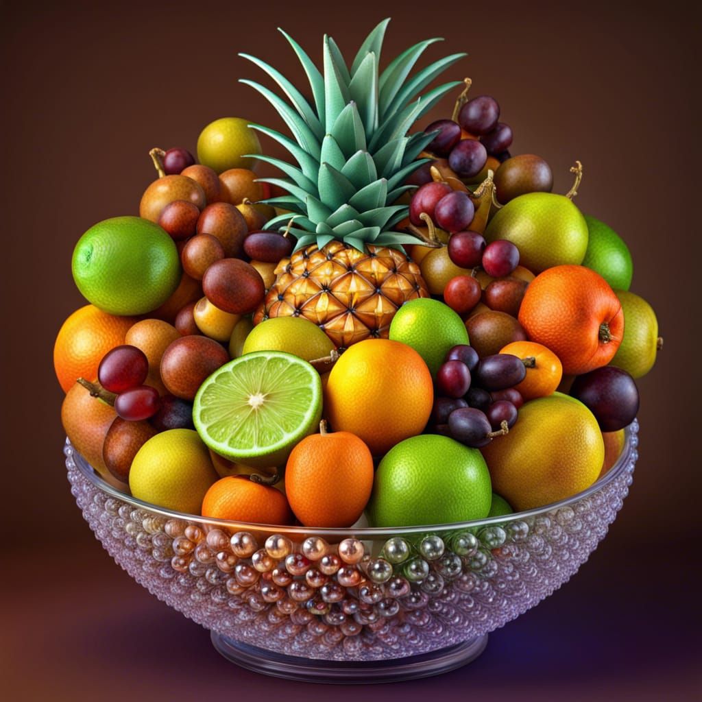 Glass Beaded Fruit in a bowl including lime, banana, apple, plum, orange, pineapple, peach, pear, lemon. ...  by @Bunnzo332