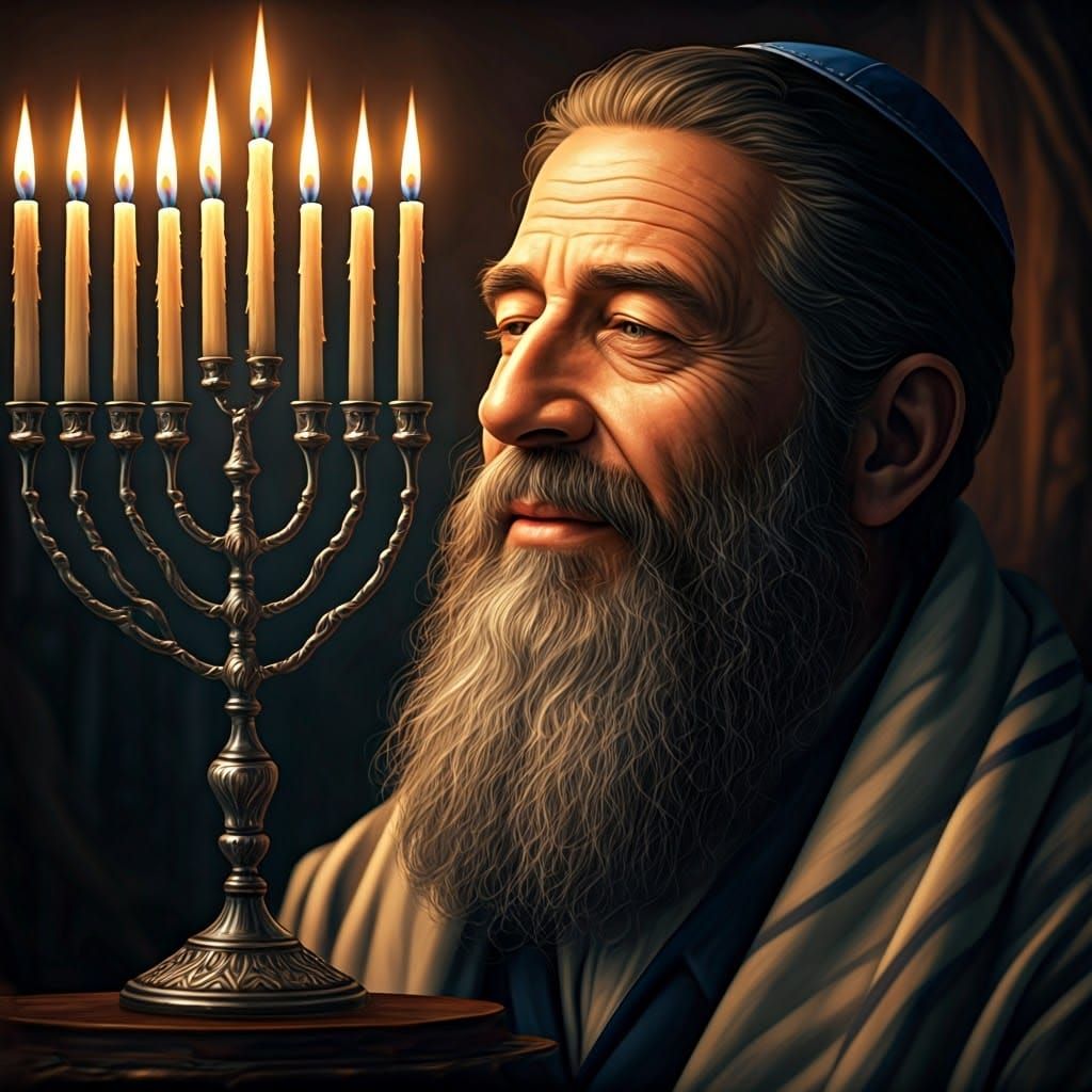 Smiling Chassidic Man and Hanukkah Menorah