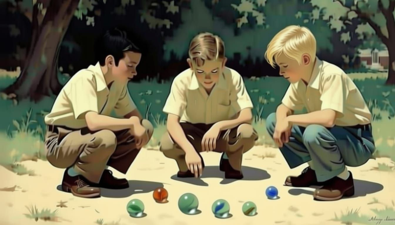1940s style Norman Rockell inspired painting of a game of marbles played by three boys kneeling around a group of marbles. One boy is shooti...