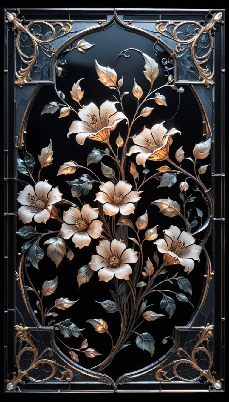 Vintage delicate beige stained glass flowers in a frame (0)  by @Nikki