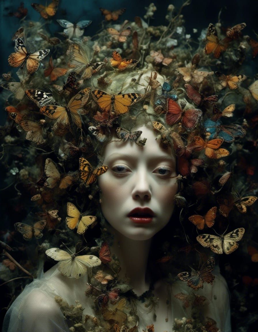 <lora:Nightmare:1.0> Complex monster fairy eating bugs  , nightmare,  Maximalist scene,  by Sarah Moon , Bill Henson, Masahisa Fukase, Nicol...