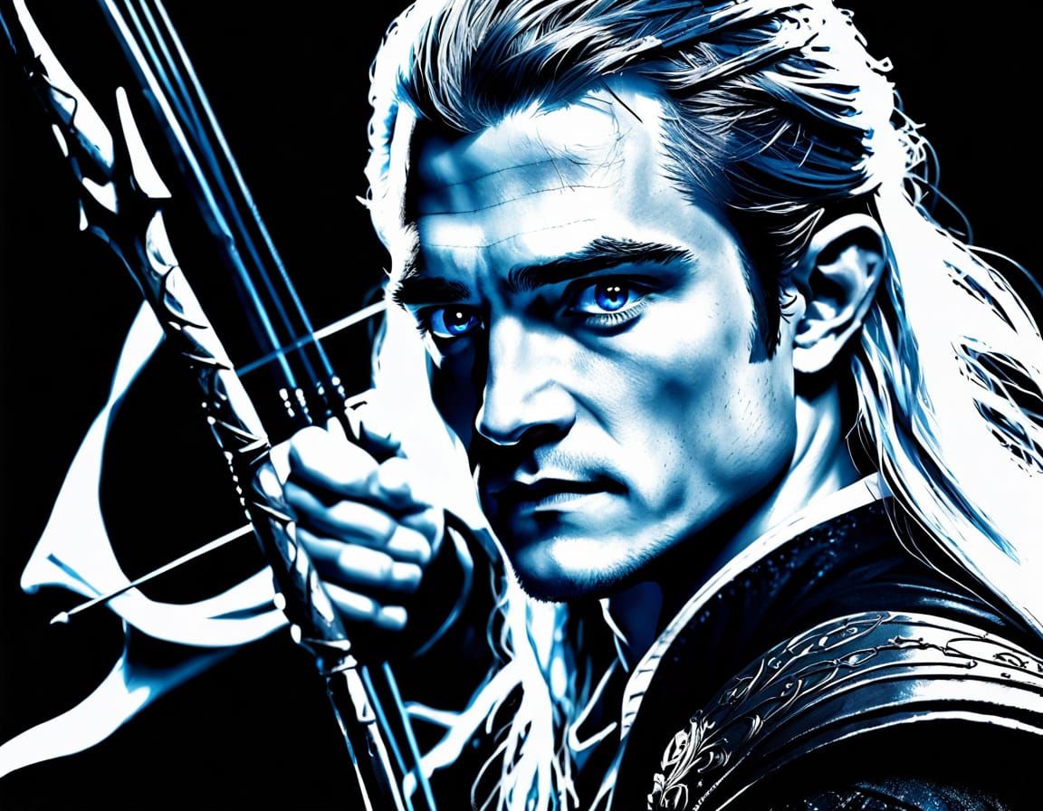 The Lord of the Rings, Orlandobloom in the image of the beautiful legolas elf, Black and white, mascara, eyes bright blue, spray of white pa...