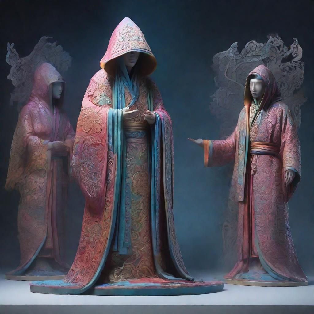 Mystic Figure Studying Ancient Sculptures