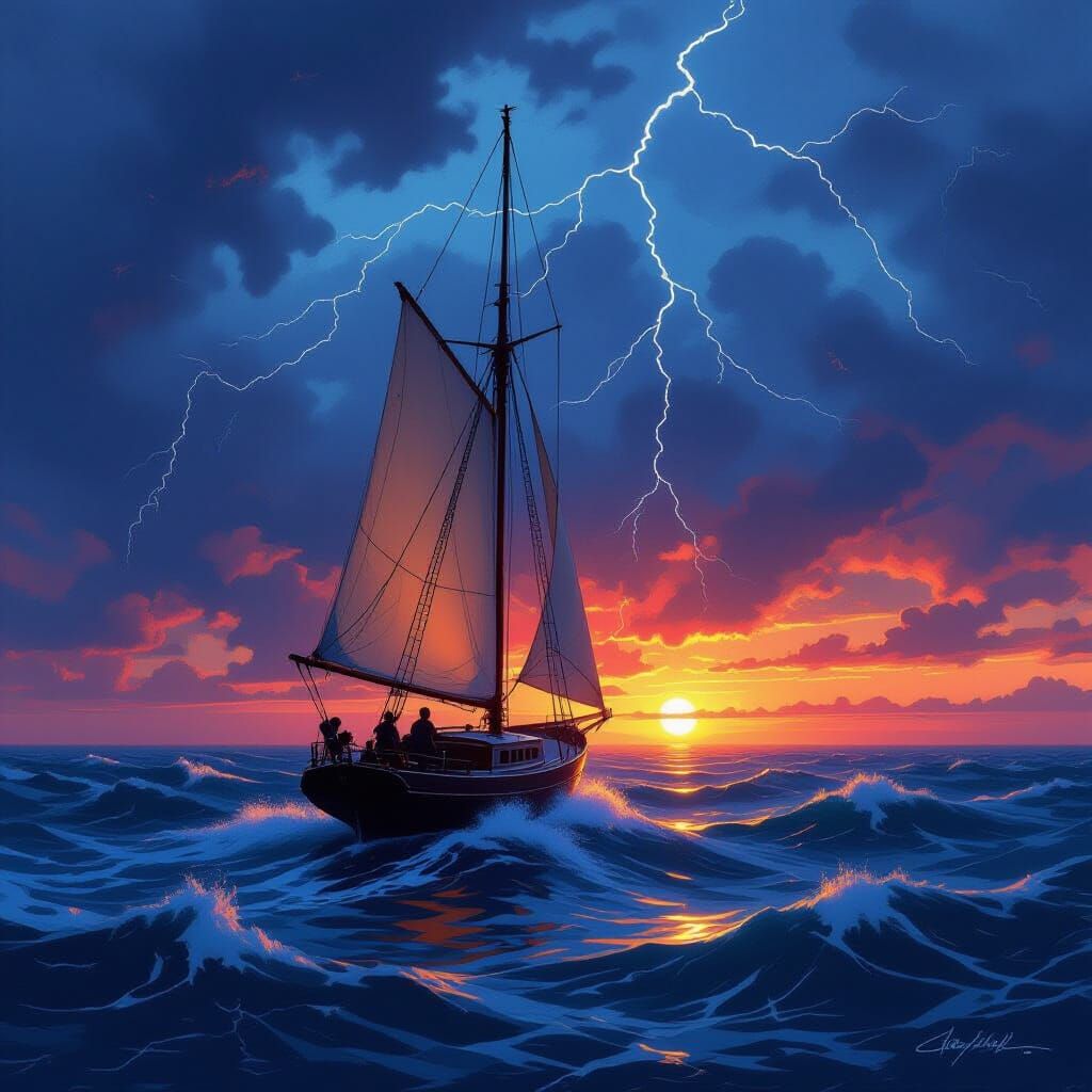 Stormy Sunset Seascape in Romantic Style