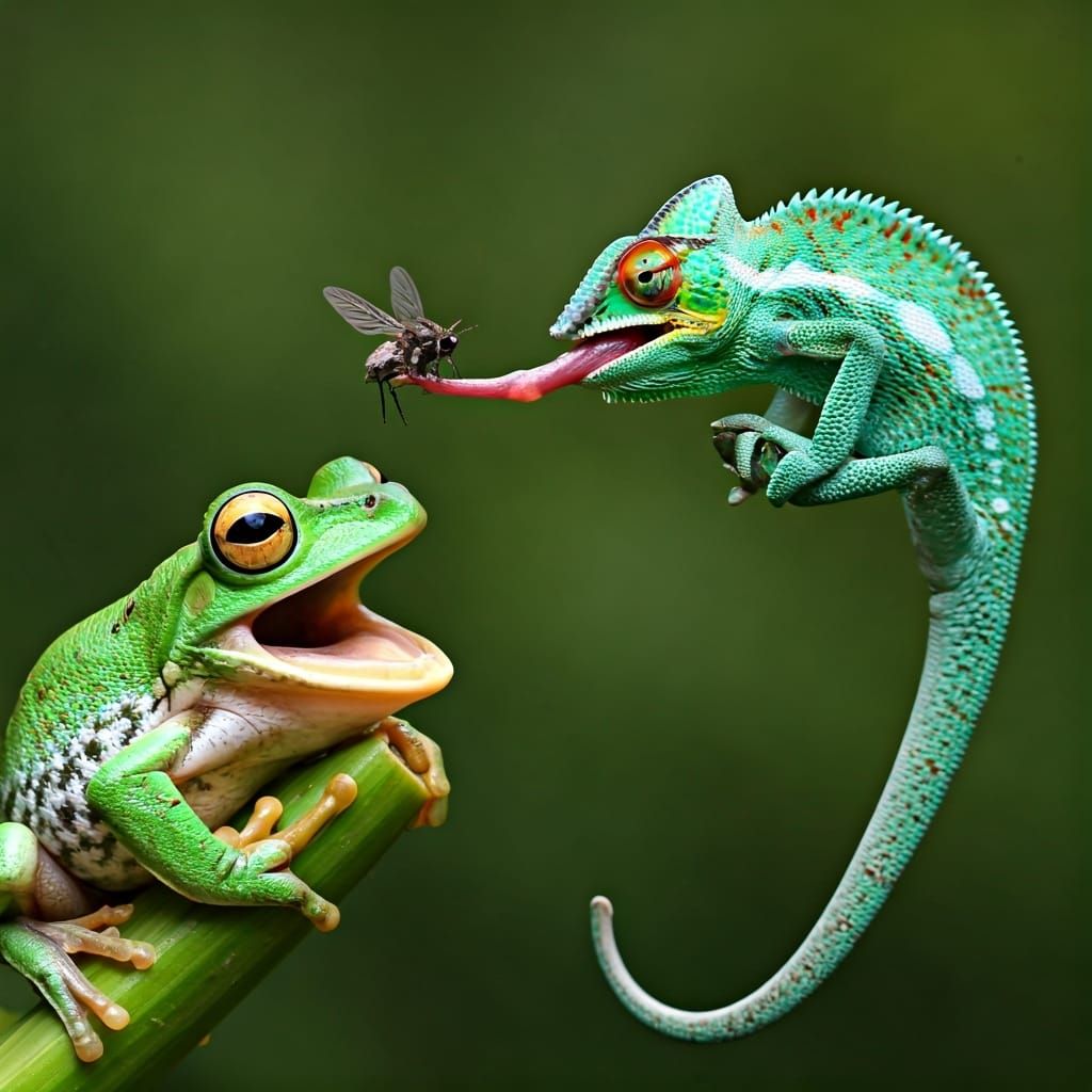Surprised Frog Watching Chameleon Catch Fly
