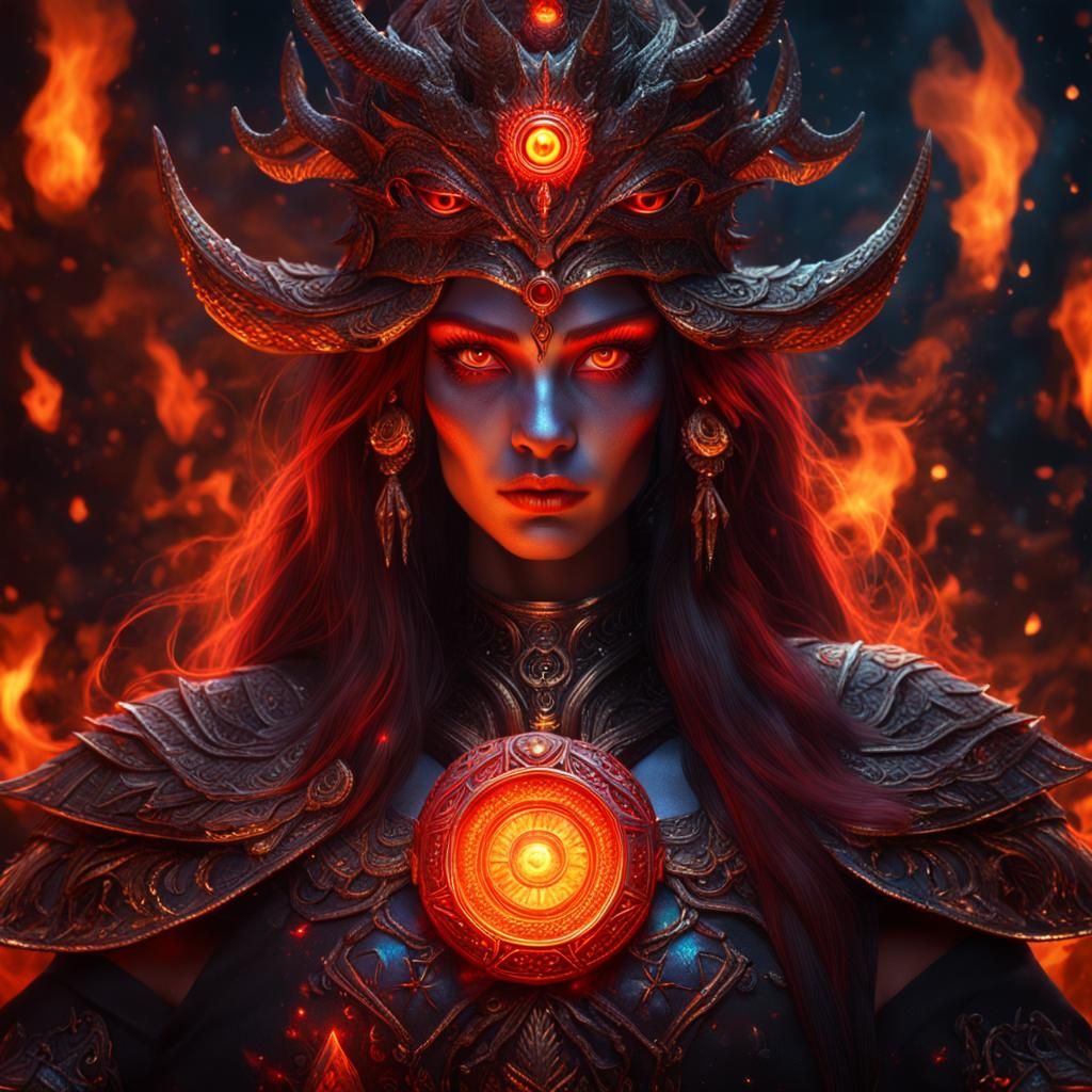 portrait of a majestic fire sorceress goddess with glowing r...