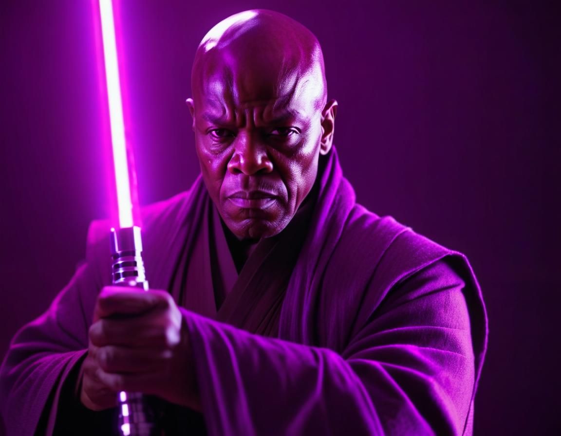 Colourful neon negative filter, Mace Windu jedi master holding a glowing purple!! lightsaber :: moody ...  by @Aia