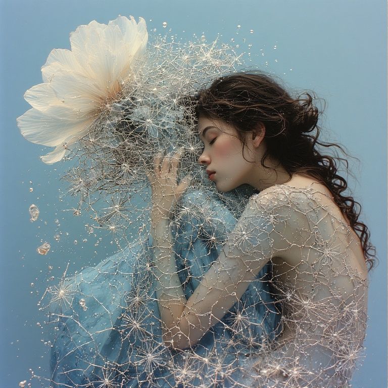 crouches beneath a large, vividly realistic flower