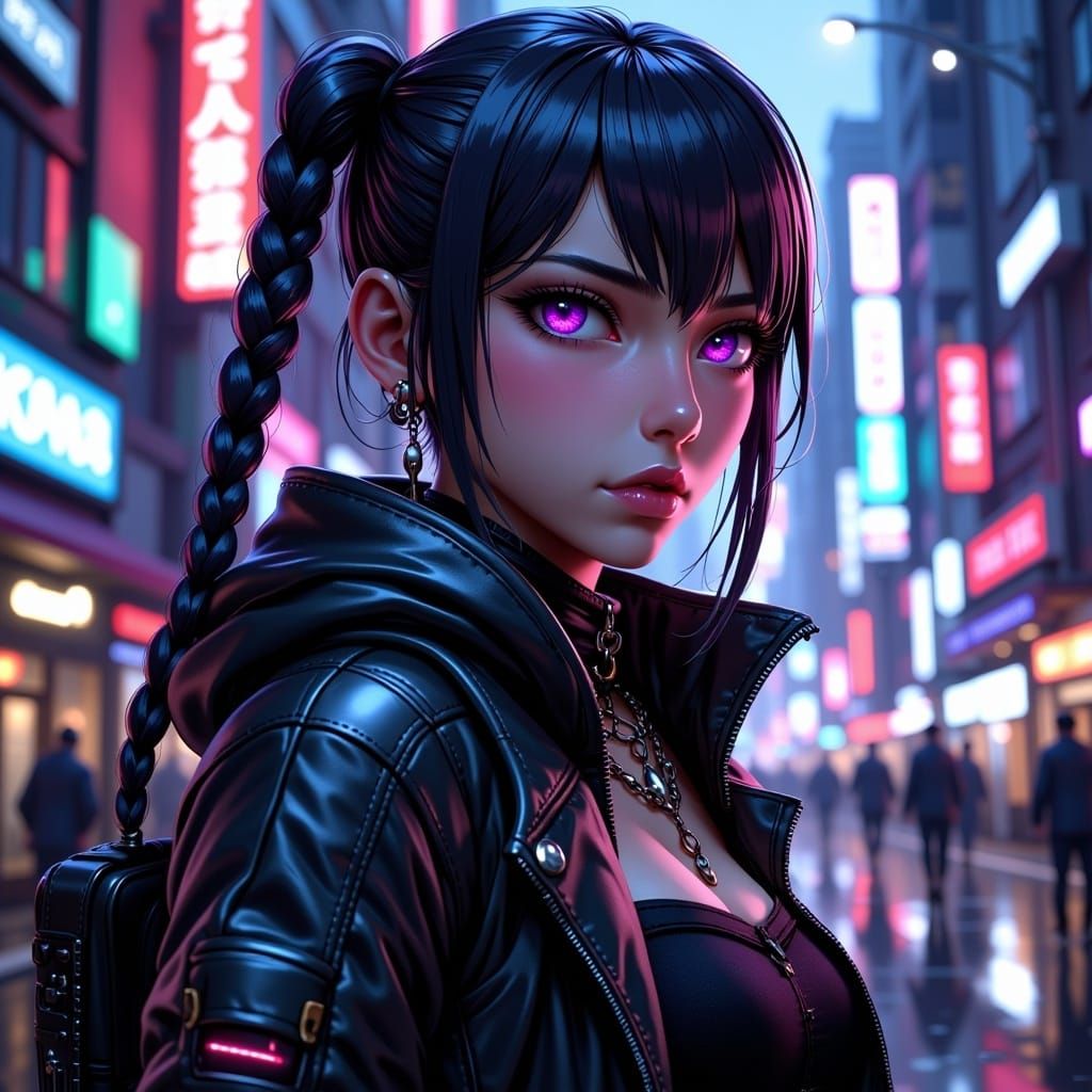 <lora:Anime Girls:1.0>  Medium shot of a anime female sci-fi protagonist with braided hair in a cyberpunk city on a rainy evening
