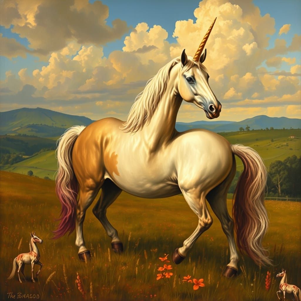 Oil painting of a mythical horse with unicorn and two back sides in hill landscape   by @Fokje