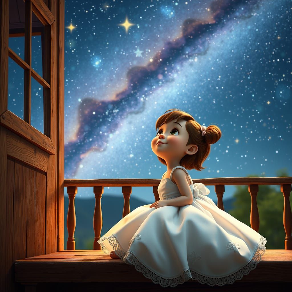 Girl Gazing at Stars, 3D Render in Whimsical Style