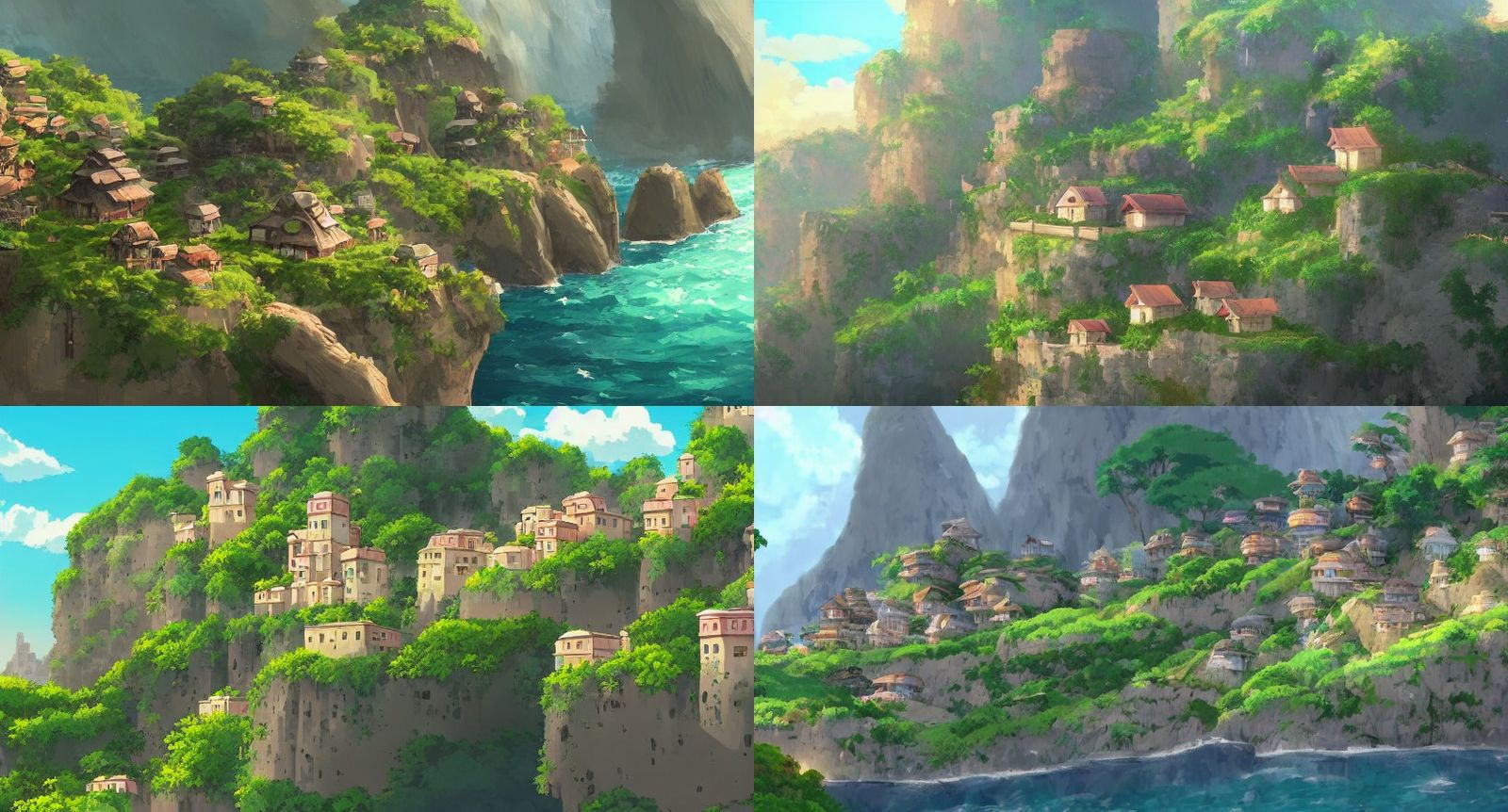 Ghibli style villages on cliffs