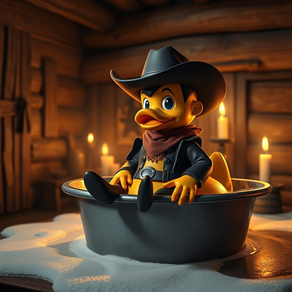 Cowboy in Bathtub: Wild West Cabin Scene