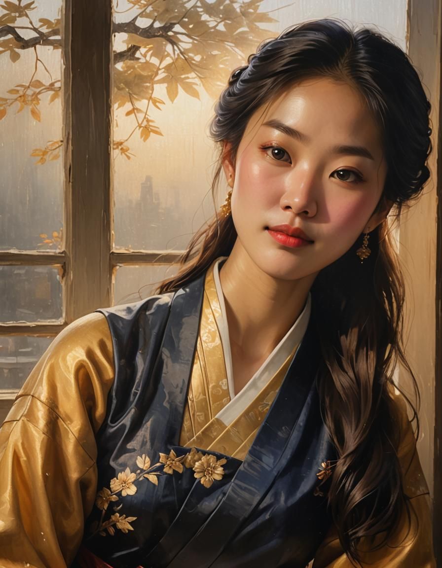 Bosch style portrait, young Korean woman,slight smile, window light