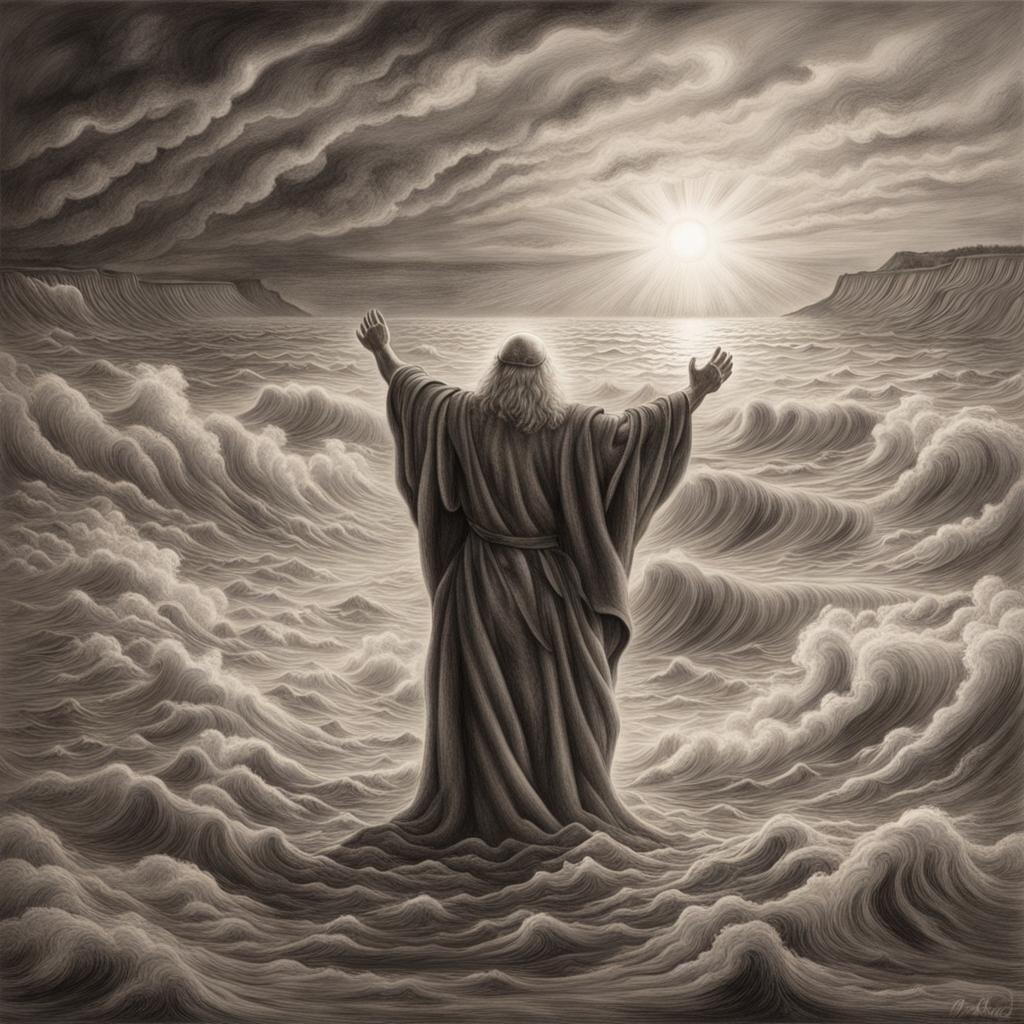 Moses splitting the red sea with a sunrise in the background