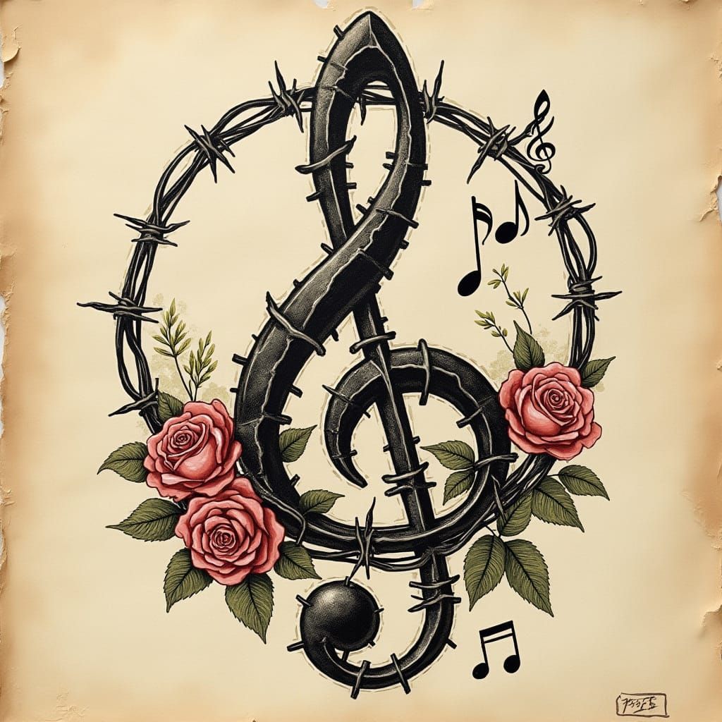 A dynamically shaded treble Clef wrapped in barbed wire   by @Clockmaker