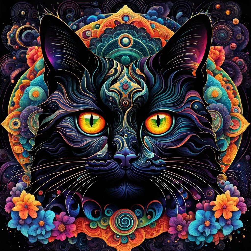 Sacred Geometry Mysterious Black Cat with Bright Eyes Bright Colors ...