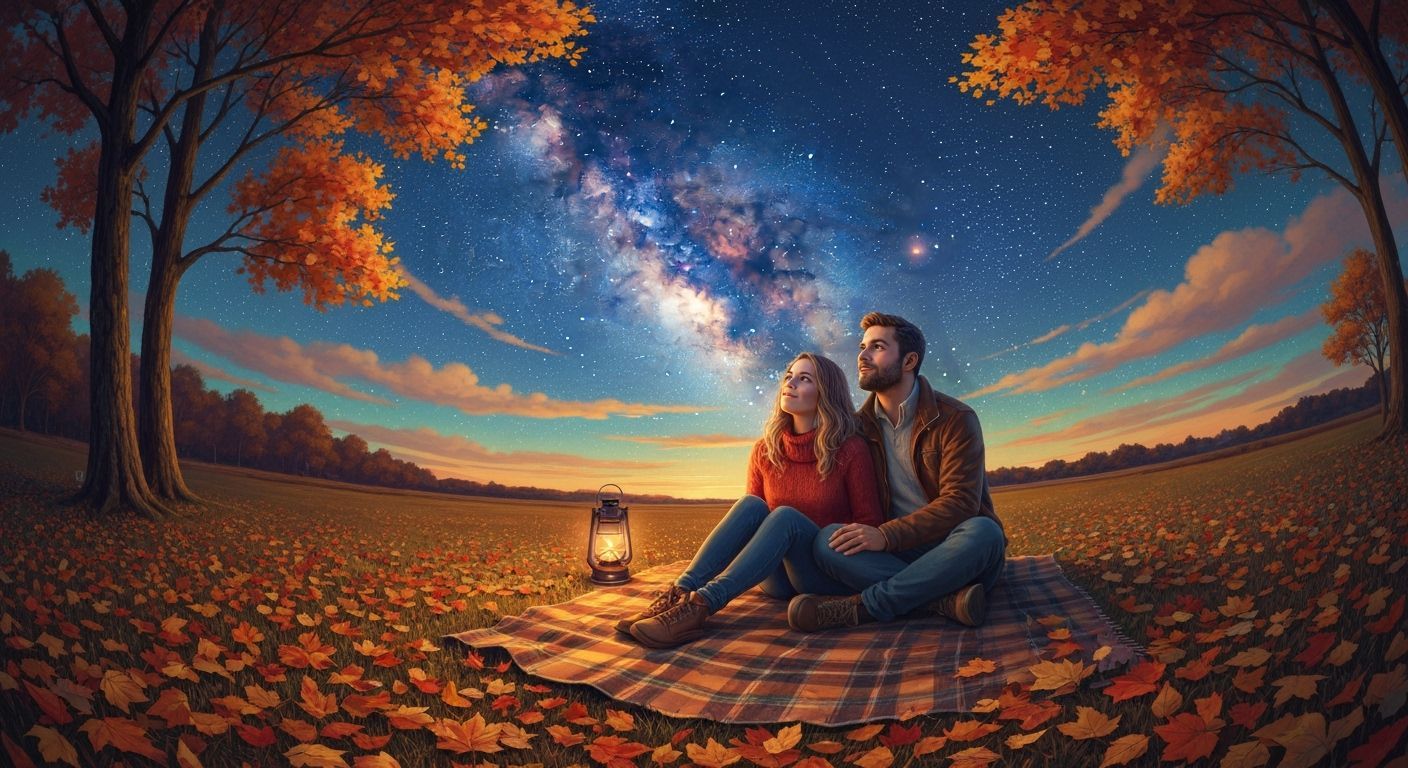 A romantic autumn date night set in a serene forest clearing under a vast, star-filled sky. Two people ...  by @Zoli