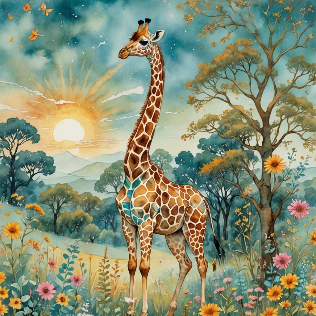 A golden-coated giraffe stretches its long neck towards the sky against a sun-kissed savannah landscape with wildflowers and acacia trees.  by @Phantazia
