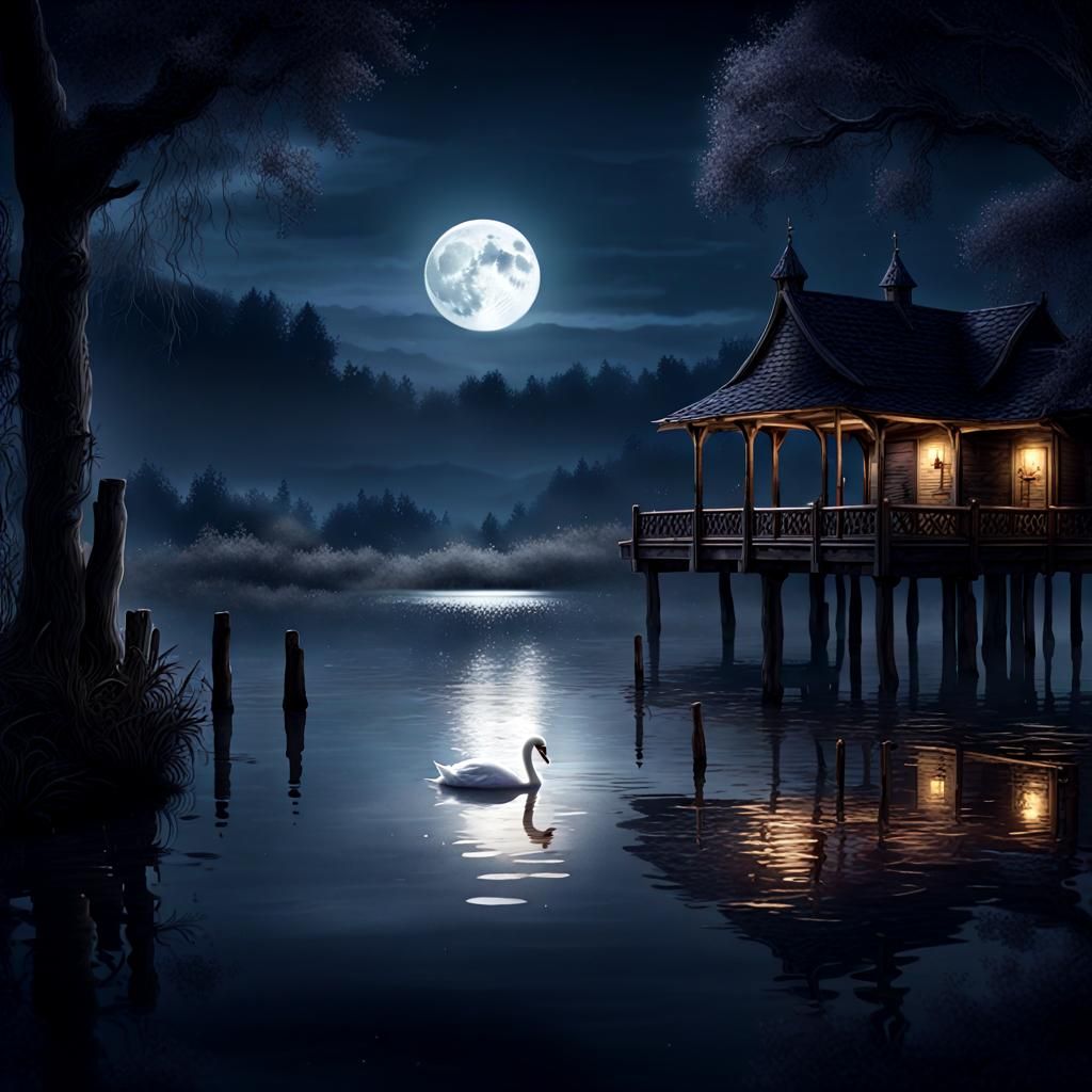 A swan on the lake at night