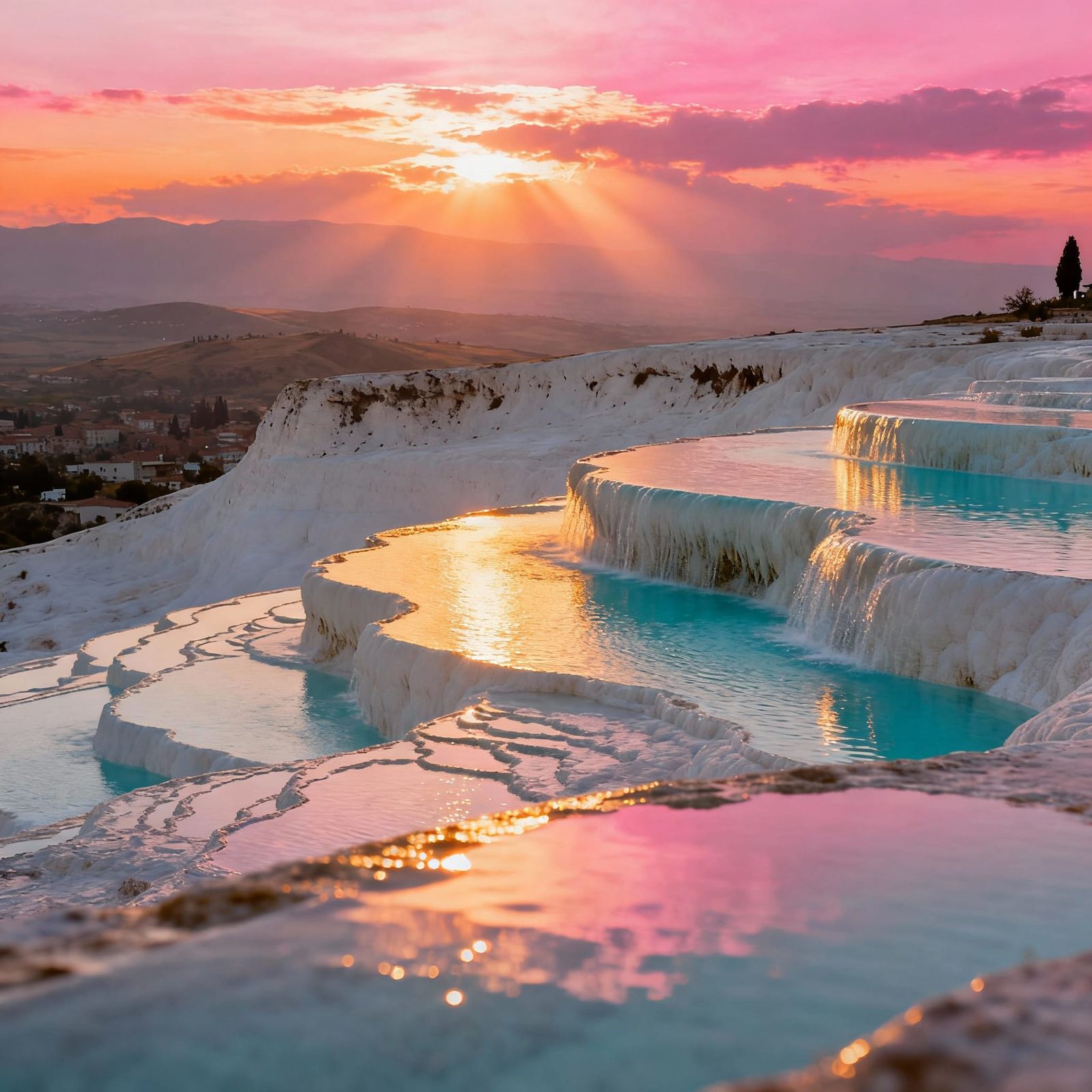 Turquoise Thermal Pools at Sunset