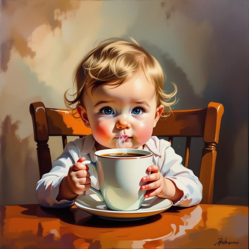 Surrealist Baby Enjoys Coffee in Dreamlike Oil Painting