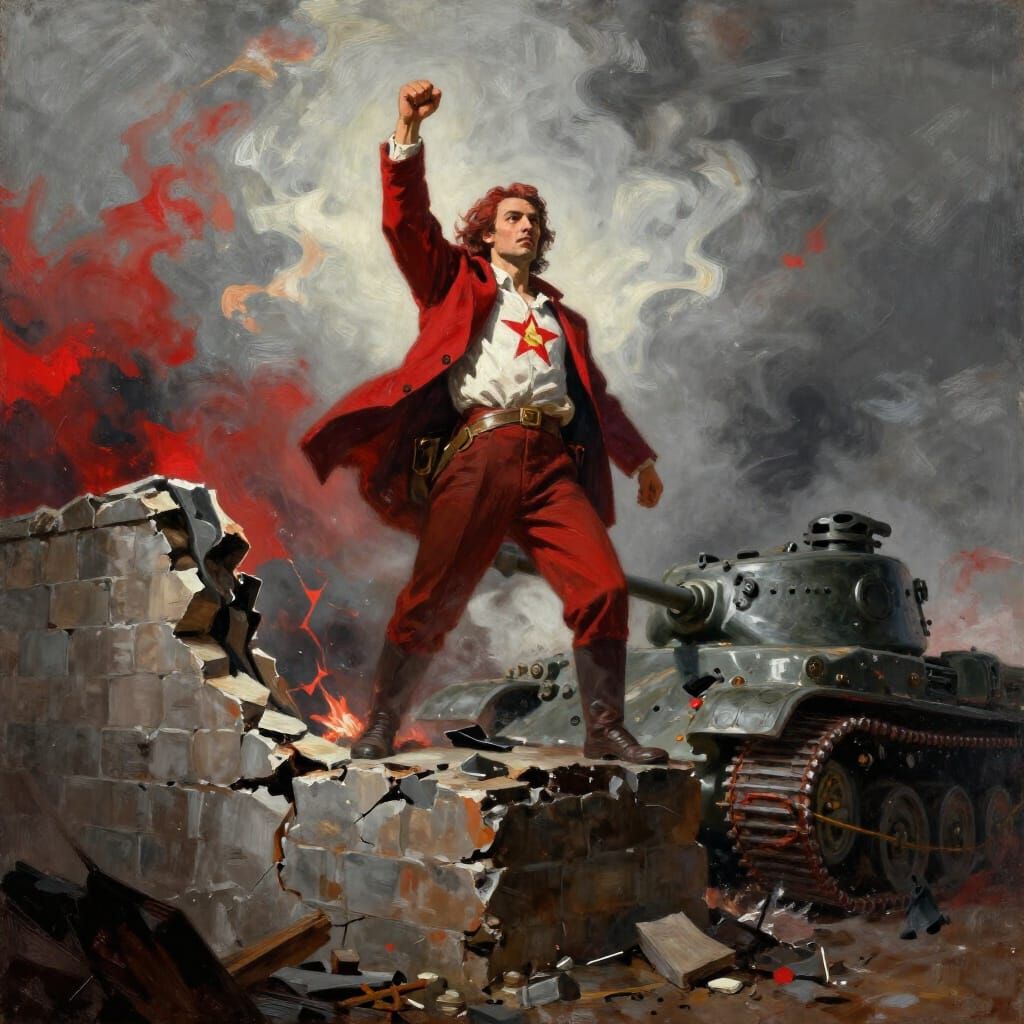 Fascist Communist on Wall Under Tank Attack