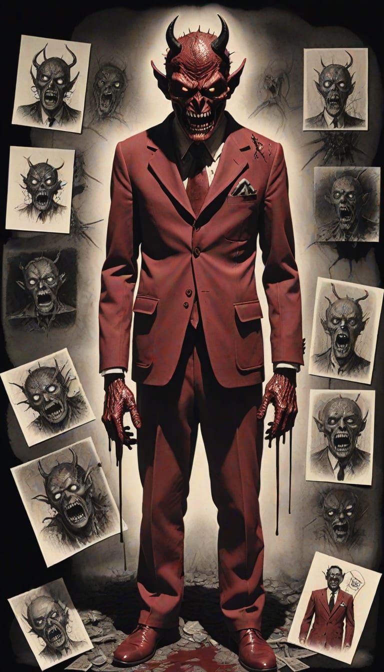 Sharp Morbid Ink-acrylic on canvas, post faces as pictures with distortions, demonic, along side man, change man's suit color to vant... - Start Image 2