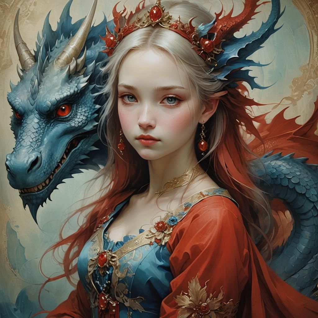 Cute girl in red dress & one gentle  & magnificent blue dragon   by @Mapont