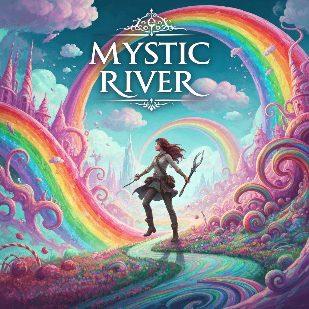 Mystic River Video Game cover, A surreal rainbow fantasy world with layers of detail and movement.  by @Tangled Serendipity