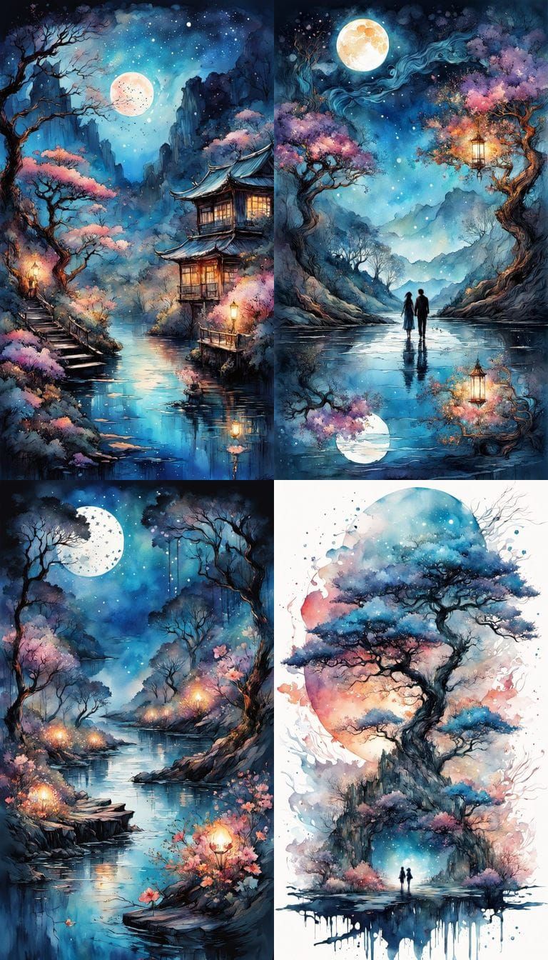 The silhouette of a couple holding hands and walking in a most beautiful and enchanting landscape. Vibrant, beautiful, w...