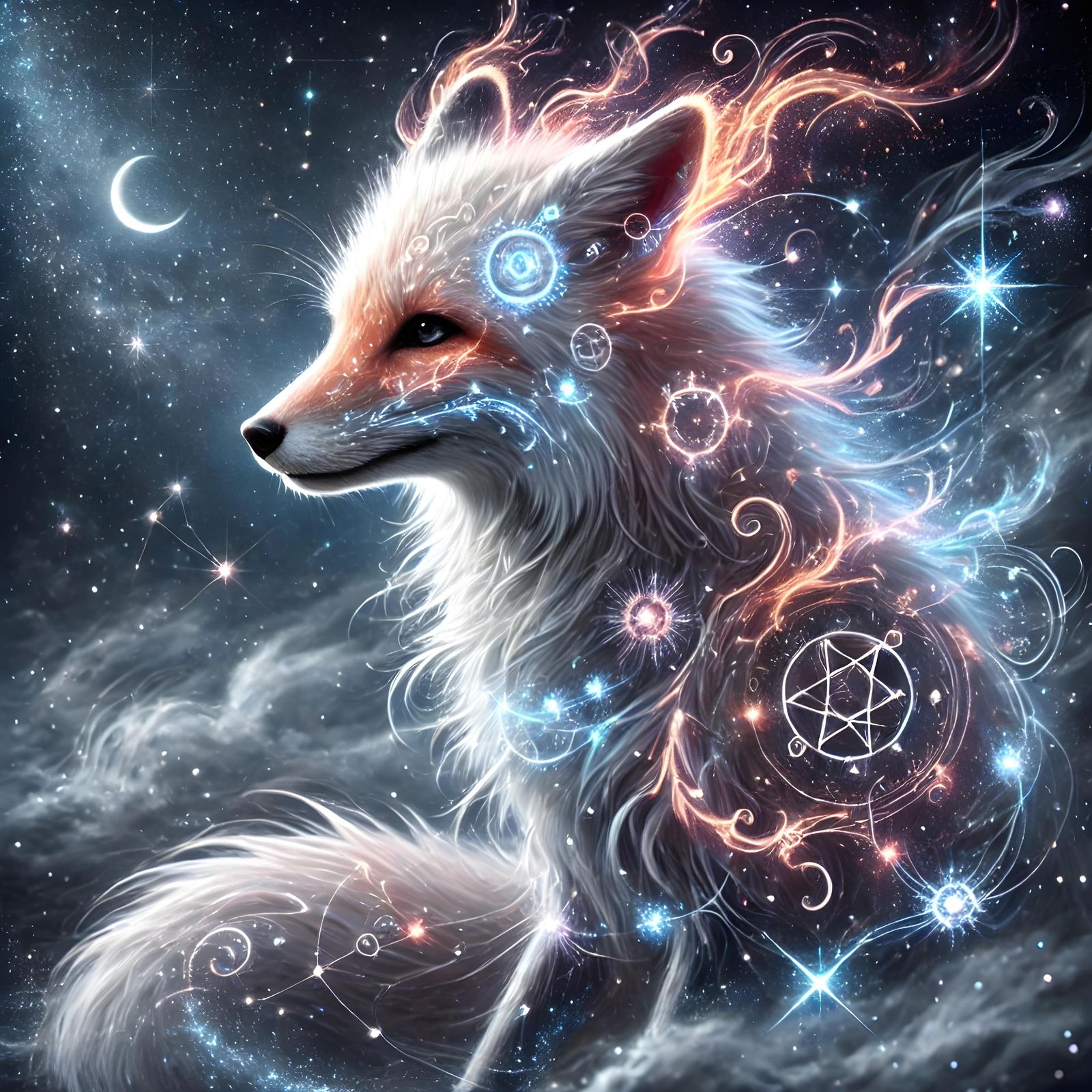 Celestial Fox Spirit with Cosmic Tattoos