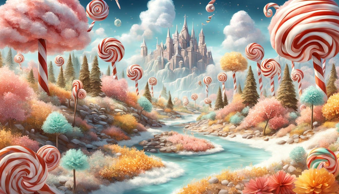 candy cane trees with mint leaves beside a lemonade creek, pastry flowers and chocolate soil, cotton ...  by @Ed Evans