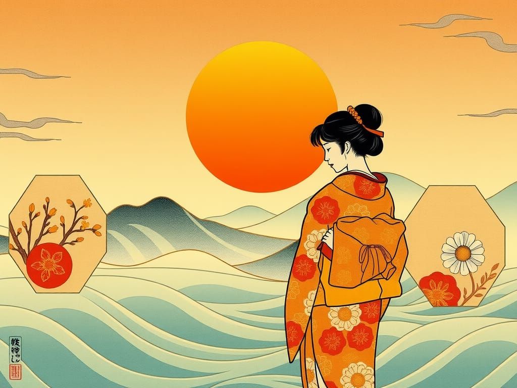 Japanese print with a woman in the rising sun AI Generated Artwork