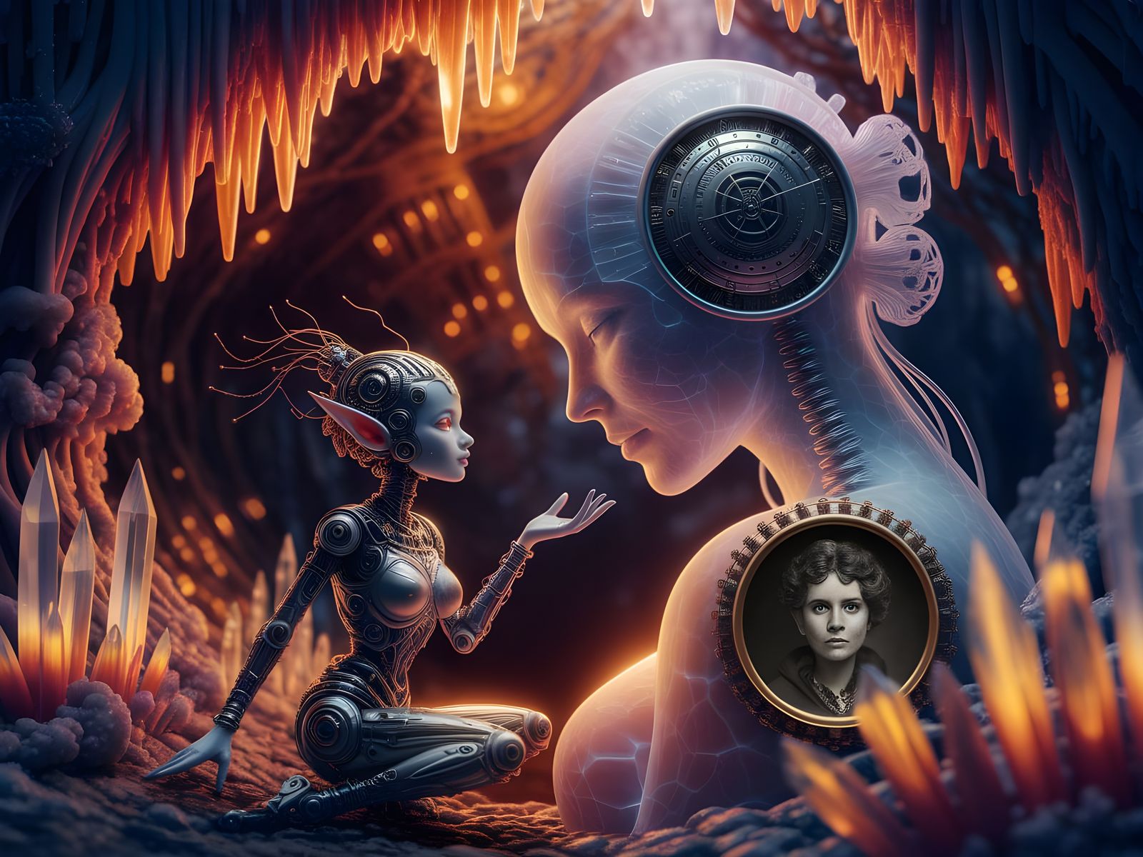 AI Entity and Clockwork Elf in Bioluminescent Cavern