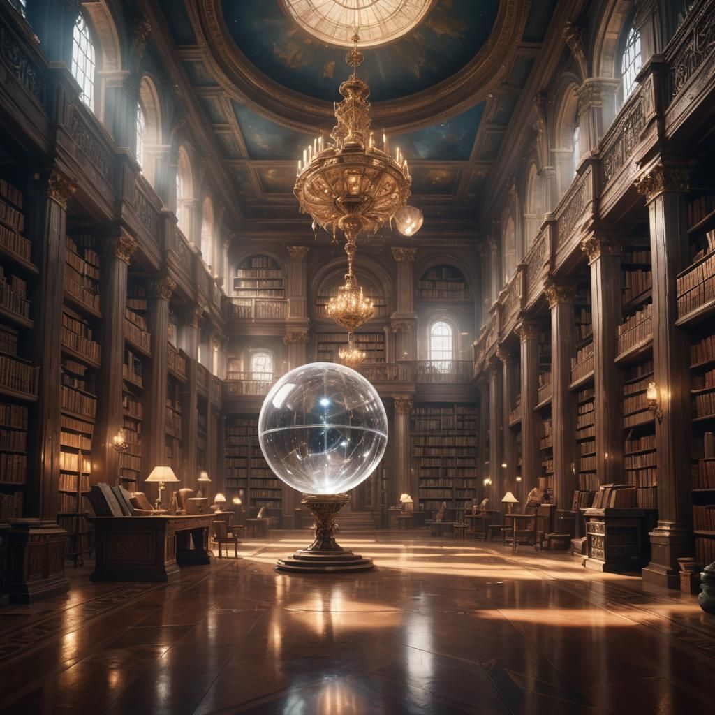 Athena's Library with a big crystal spear ball in the middle of the floor  by @Sleazzy_Wrld