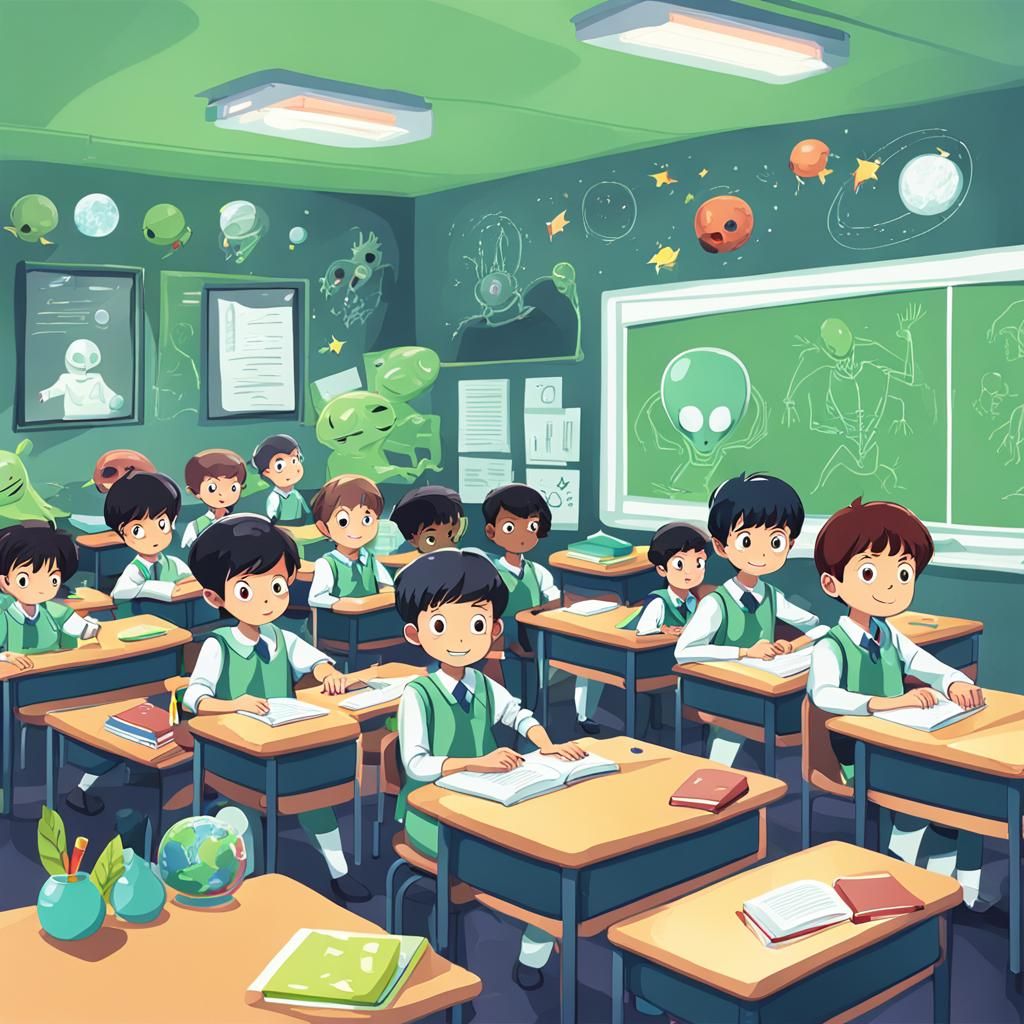 An alien school classroom with alien students in school unif...