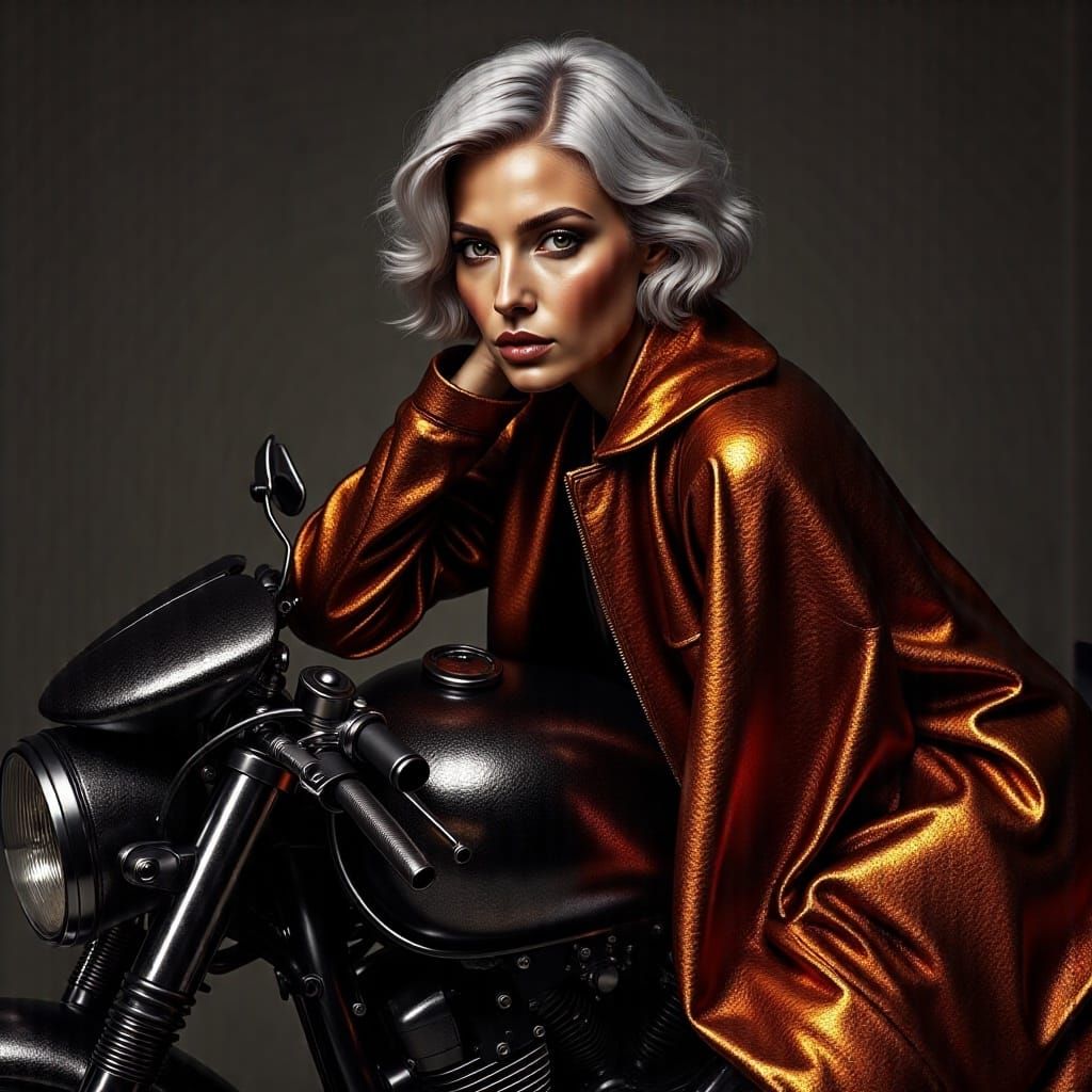 <lora:Metallica:1.0>A gorgeous middle-aged woman with long white hair and deep blue eyes is wearing an oversized metallic coat in terracotta...