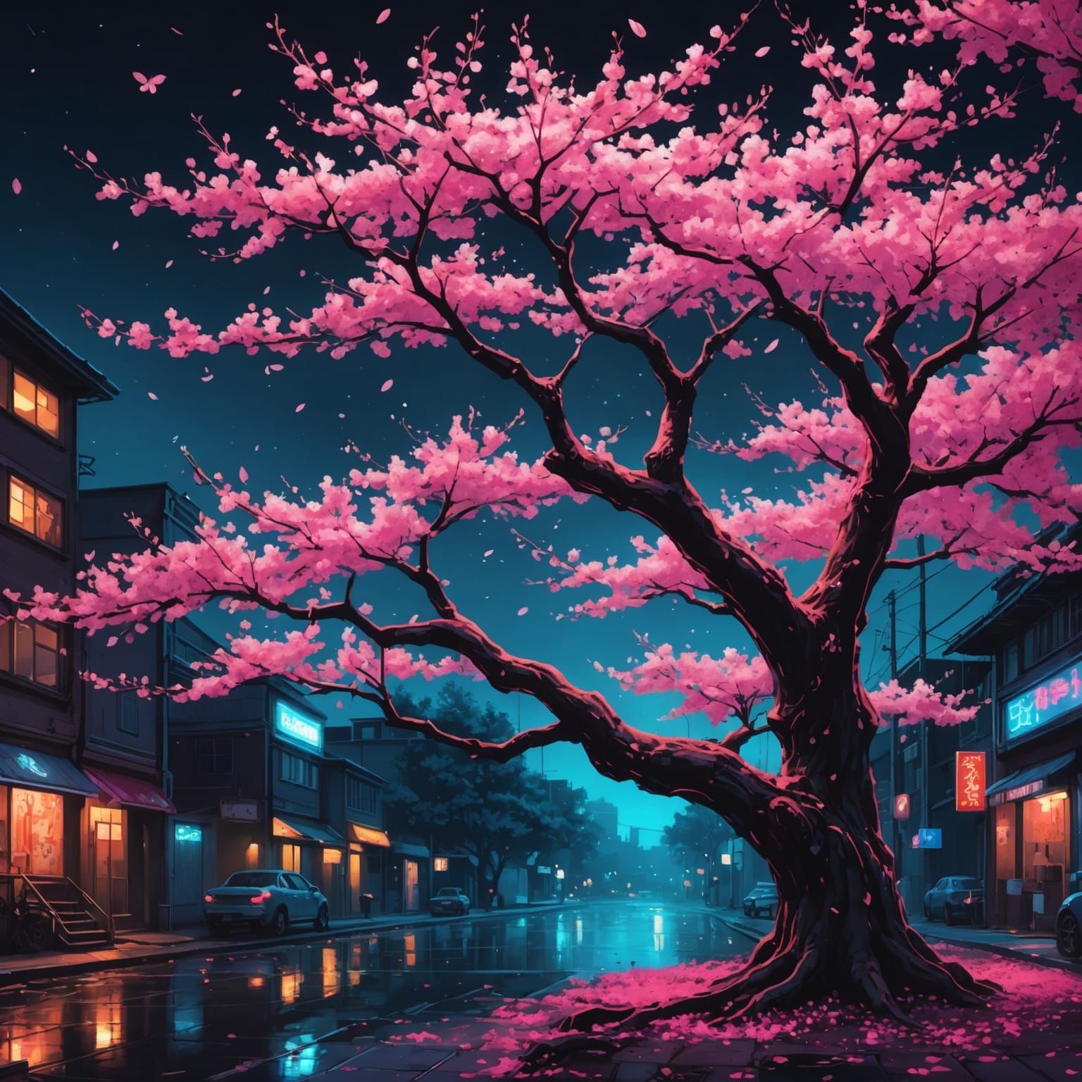 Blooming Glowing pure neon pink Cherry Blossom Tree At Night With