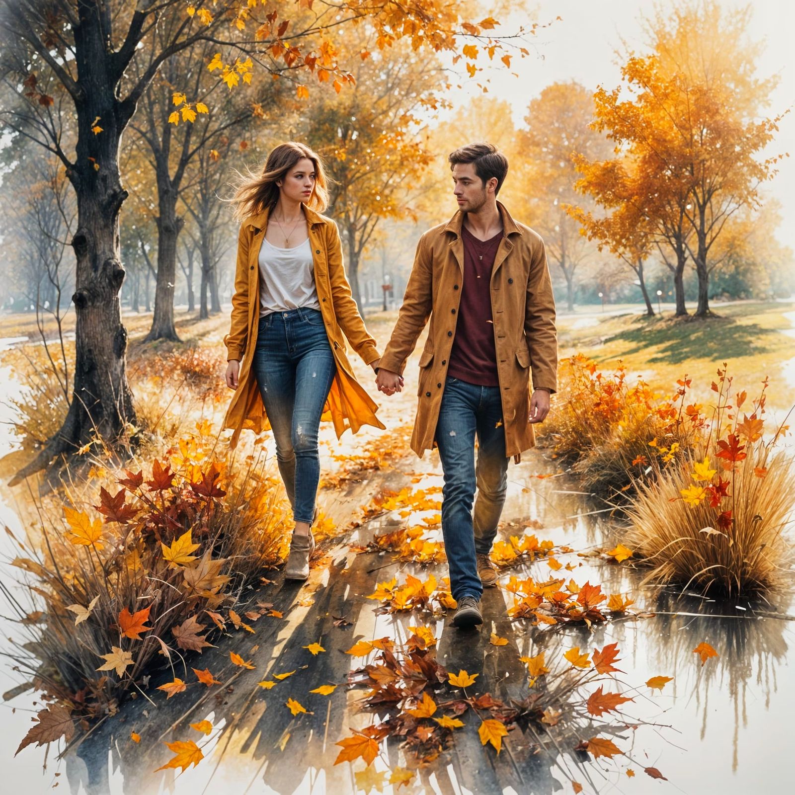 Autumn date night : A young romantic couple walking through a park lined with golden leaves in an autumn ...  by @Kosh