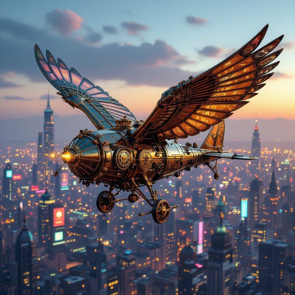 Splash art. A steampunk ornithopter soars over a sprawling cyberpunk city, its brass and copper gleaming ...  by @Joy K