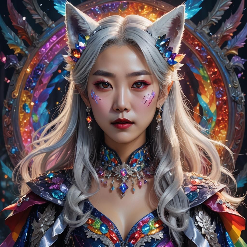 korean lady silver hair rainbow dress rainbow crystals white...