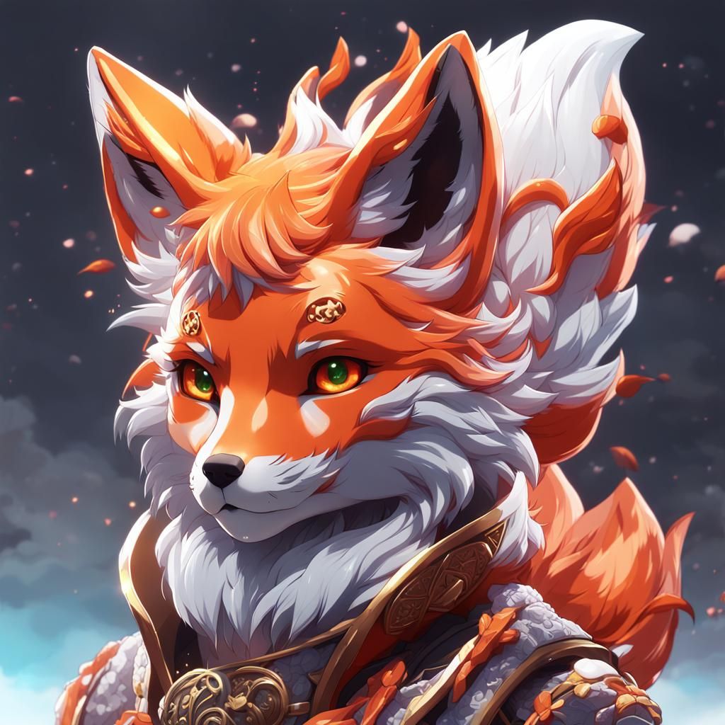 kitsune, anime, cute fox creature, vibrant, hyperdetailed
